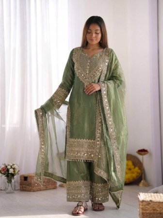 Green Embroidered Kurti Sharara Suit Set