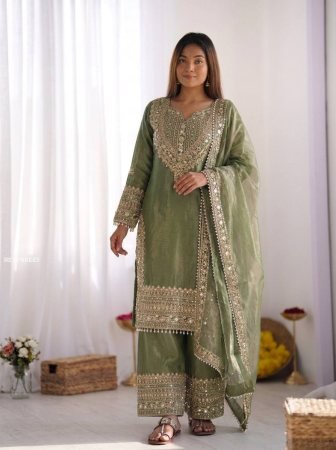 Green Embroidered Kurti Sharara Suit Set