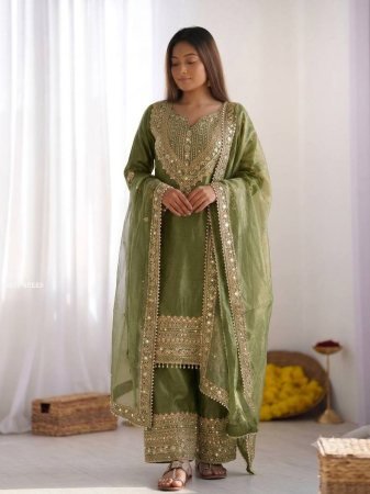 Green Embroidered Kurti Sharara Suit Set