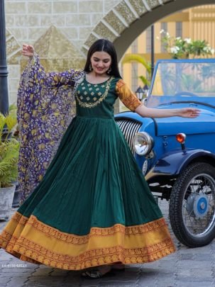 Green Embroidered Work Weaving Silk Readymade Gown