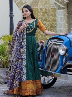 Green Embroidered Work Weaving Silk Readymade Gown