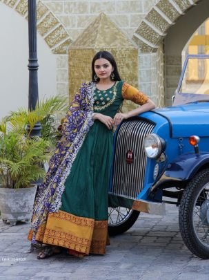 Green Embroidered Work Weaving Silk Readymade Gown
