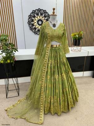 Green Embroidery Work Chinon Silk Lehenga Choli
