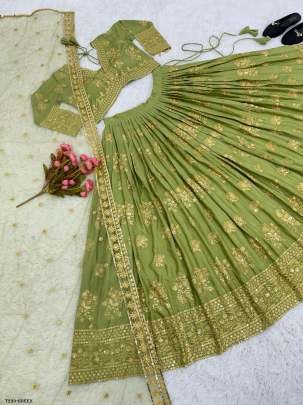 Green Embroidery Work Chinon Silk Lehenga Choli