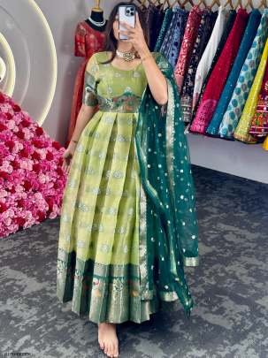 Green Festival Wear Jacquard Kota Silk Anarkali Suits