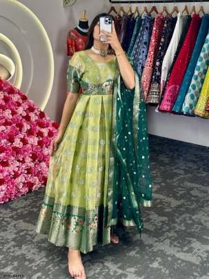 Green Festival Wear Jacquard Kota Silk Anarkali Suits