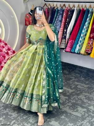 Green Festival Wear Jacquard Kota Silk Anarkali Suits