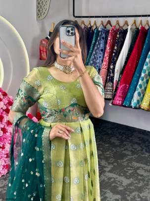 Green Festival Wear Jacquard Kota Silk Anarkali Suits