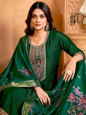 Green Festival Wear Women Heavy Embroidery Work Vichitra Silk Kurtis Pair
