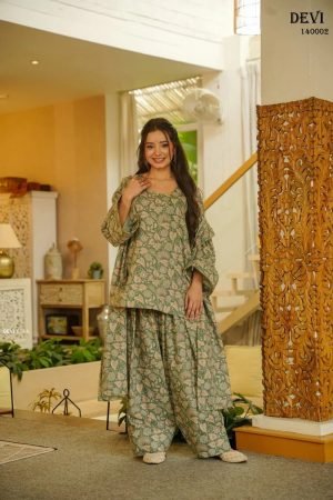 Womens Sage Green Floral Print Cotton Silk Dhoti Set with Bell Sleeve 