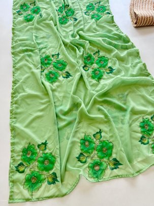 Green Flower Heavy Handwork Soft Georgette Saree