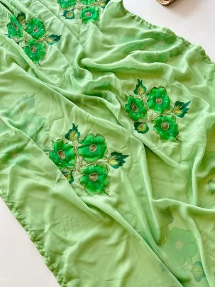 Green Flower Heavy Handwork Soft Georgette Saree
