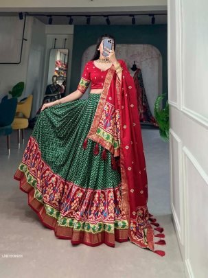 Green Foil Print With Patola Tussar Silk Lehenga