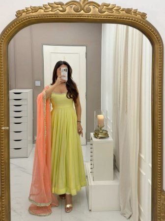 Green Fox Georgette Anarkali Gown with Dupatta And Palazzo