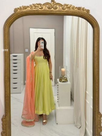 Green Fox Georgette Anarkali Gown with Dupatta And Palazzo