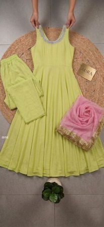 Green Fox Georgette Anarkali Gown with Dupatta And Palazzo