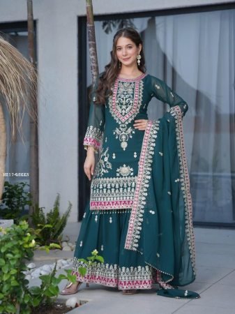 Green Fox Georgette Embroidered Sharara Set with Sequence Work