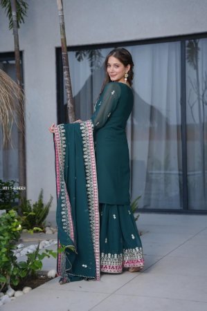 Green Fox Georgette Embroidered Sharara Set with Sequence Work