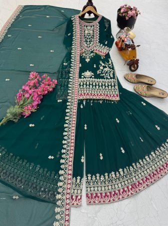 Green Fox Georgette Embroidered Sharara Set with Sequence Work