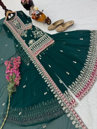 Green Fox Georgette Embroidered Sharara Set with Sequence Work
