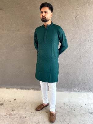 Green Gent Traditional Chikan Work Kurta With Pajama