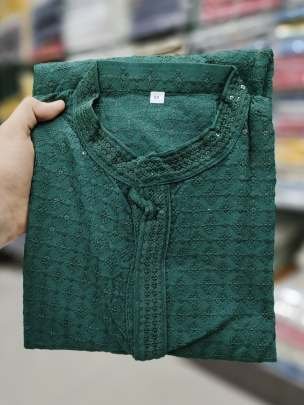 Green Gent Traditional Chikan Work Kurta With Pajama