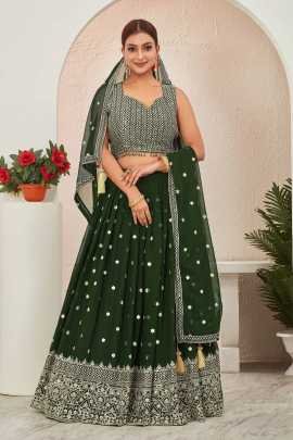 Green Georgette Embroidered Stitched Lehenga Choli