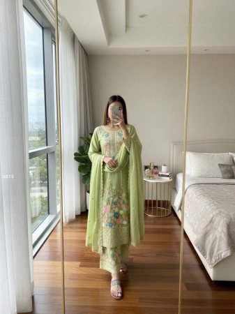 Green  Heavy Chinon Silk Pakistani Suit With Embroidery Work
