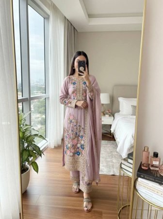 Lavender Chinon Silk Palazzo Suit Set With Cutwork Dupatta