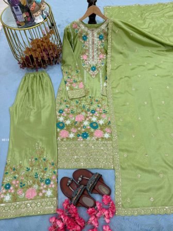 Green  Heavy Chinon Silk Pakistani Suit With Embroidery Work