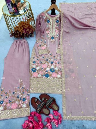 Lavender Chinon Silk Palazzo Suit Set With Cutwork Dupatta