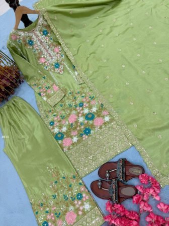 Green  Heavy Chinon Silk Pakistani Suit With Embroidery Work