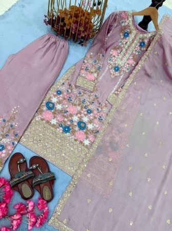 Lavender Chinon Silk Palazzo Suit Set With Cutwork Dupatta