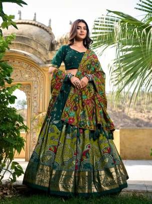 Green Kalamkari Print Tussar Silk Lehenga Choli With Gota Patti Border Dupatta