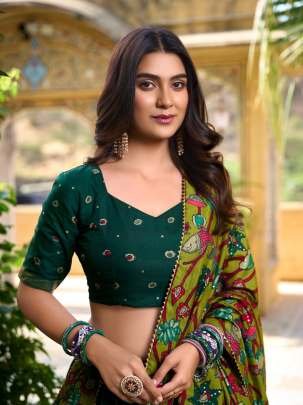 Green Kalamkari Print Tussar Silk Lehenga Choli With Gota Patti Border Dupatta