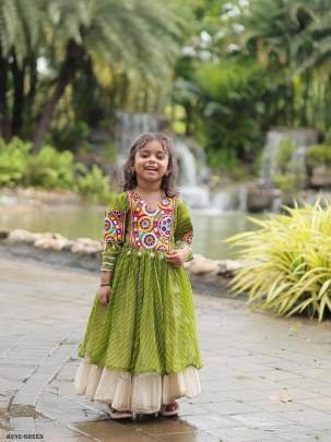 Green Kids Girls Navratri Collection Kora Cotton Lehenga Choli