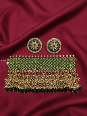 Green Kundan Pearl Bridal Choker Necklace Set