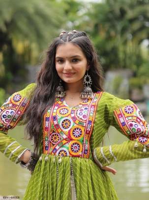 Green Navratri Collection Kora Cotton Lehenga Choli