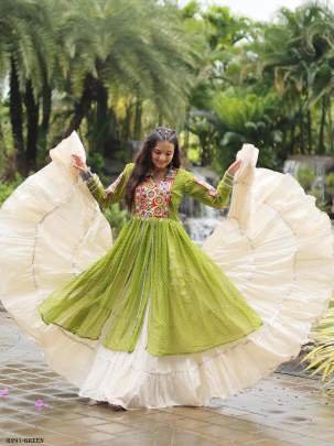 Green Navratri Collection Kora Cotton Lehenga Choli