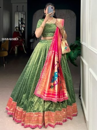 Green Organza Lehenga Choli with Zari Work And Paithani Dupatta Set