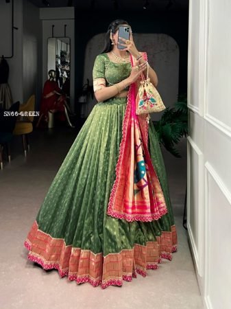 Green Organza Lehenga Choli with Zari Work And Paithani Dupatta Set