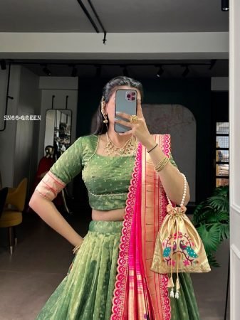 Green Organza Lehenga Choli with Zari Work And Paithani Dupatta Set