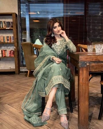 Green Organza Silk Zari Work Palazzo Suit Set