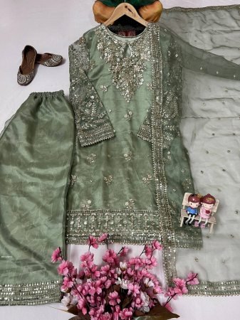 Green Organza Silk Zari Work Palazzo Suit Set
