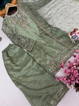Green Organza Silk Zari Work Palazzo Suit Set