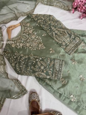 Green Organza Silk Zari Work Palazzo Suit Set
