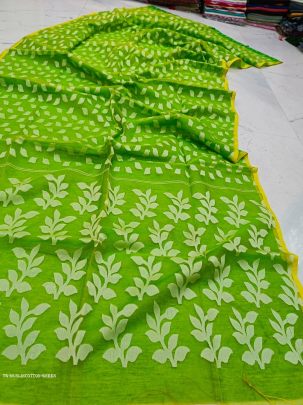 Green Pearl Print Jharapata Muslin Cotton Soft Jamdani Saree