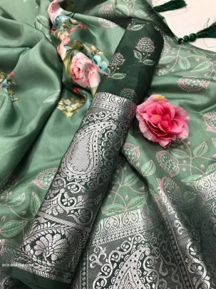 Green Printed Pure Soft Tussar Satin Silk Saree With Tassels