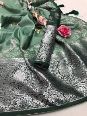 Green Printed Pure Soft Tussar Satin Silk Saree With Tassels