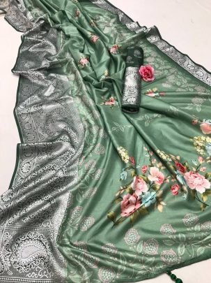 Green Printed Pure Soft Tussar Satin Silk Saree With Tassels